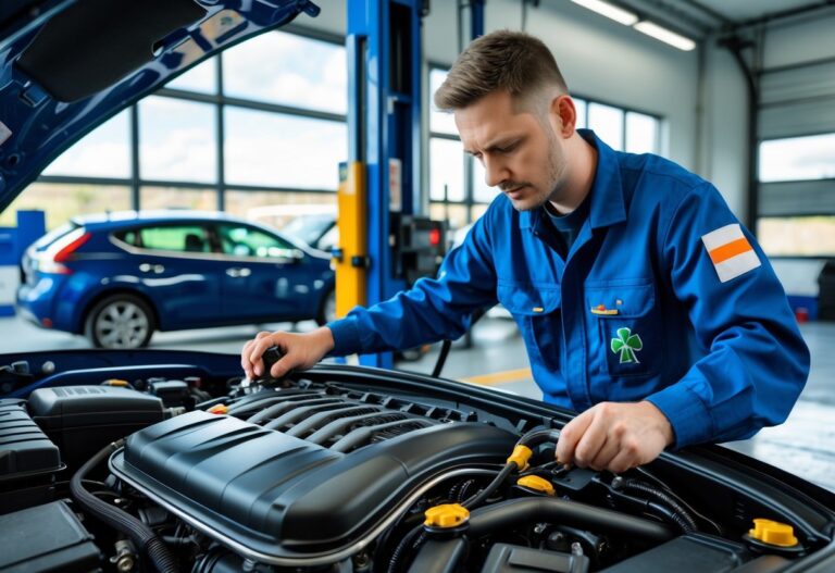 A mechanic inspecting a Nissan car engine in a clean automotive workshop with tools and equipment visible.