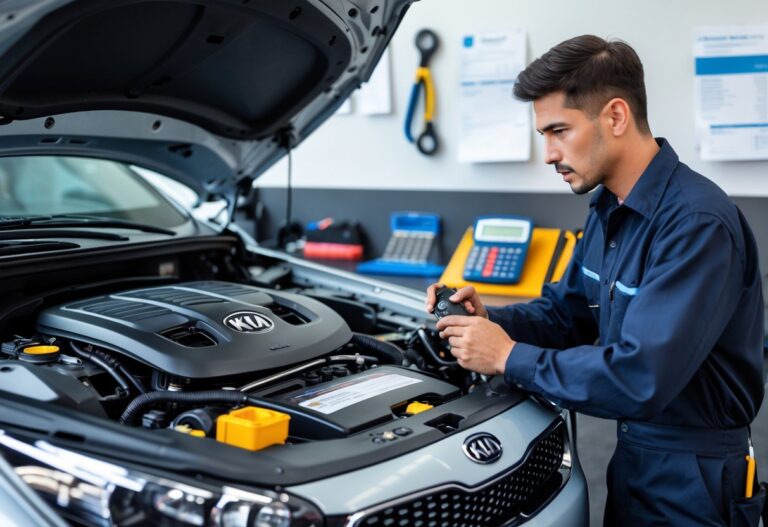A mechanic inspecting a Kia car engine with repair bills and a calculator on a workbench in an automotive workshop.