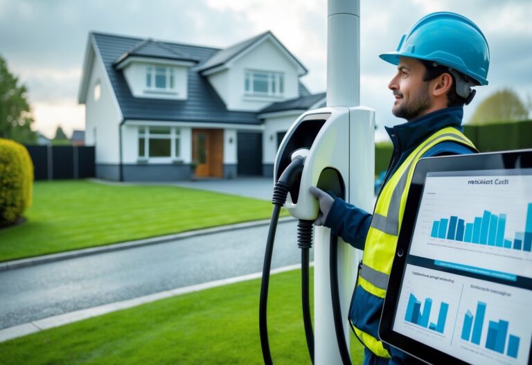 A technician installing an electric vehicle charging station outside a suburban home in Ireland with a tablet showing charts nearby.