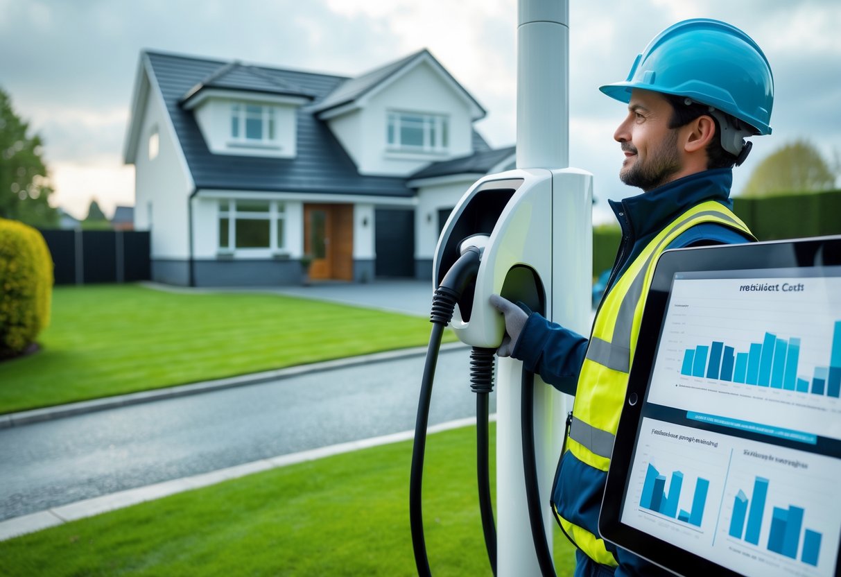 A technician installing an electric vehicle charging station outside a suburban home in Ireland with a tablet showing charts nearby.