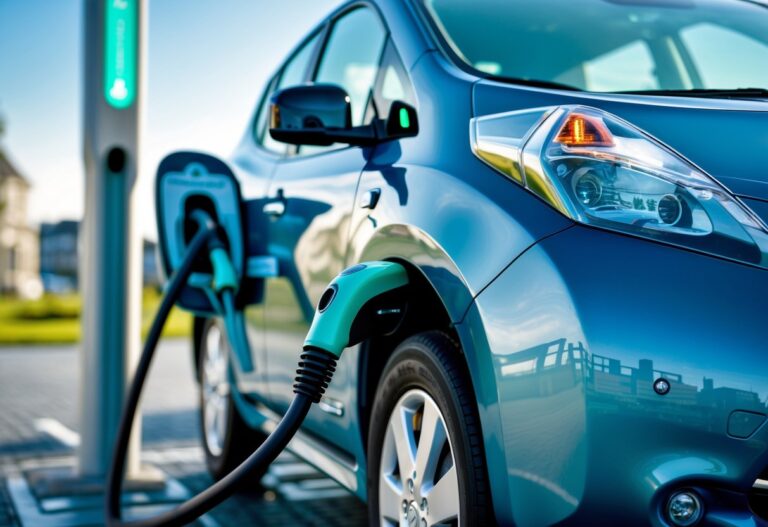 A Nissan Leaf electric car connected to a charging station in an Irish urban setting.