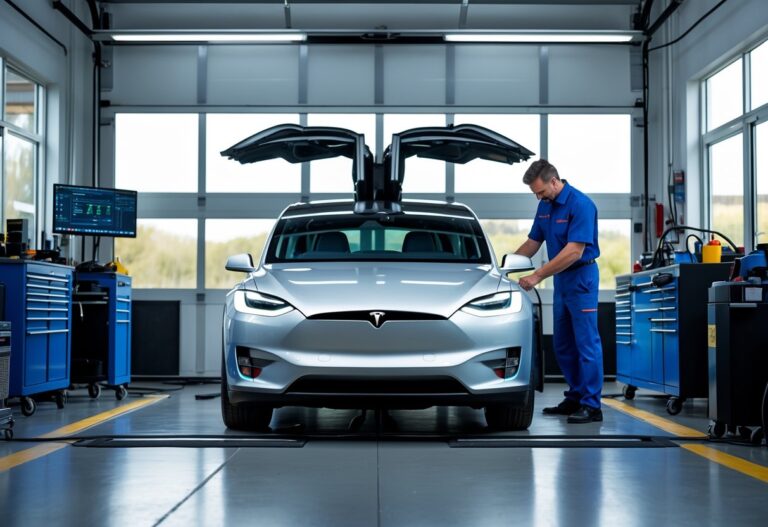A mechanic inspecting a Tesla electric car inside a clean automotive repair workshop with tools and diagnostic equipment.