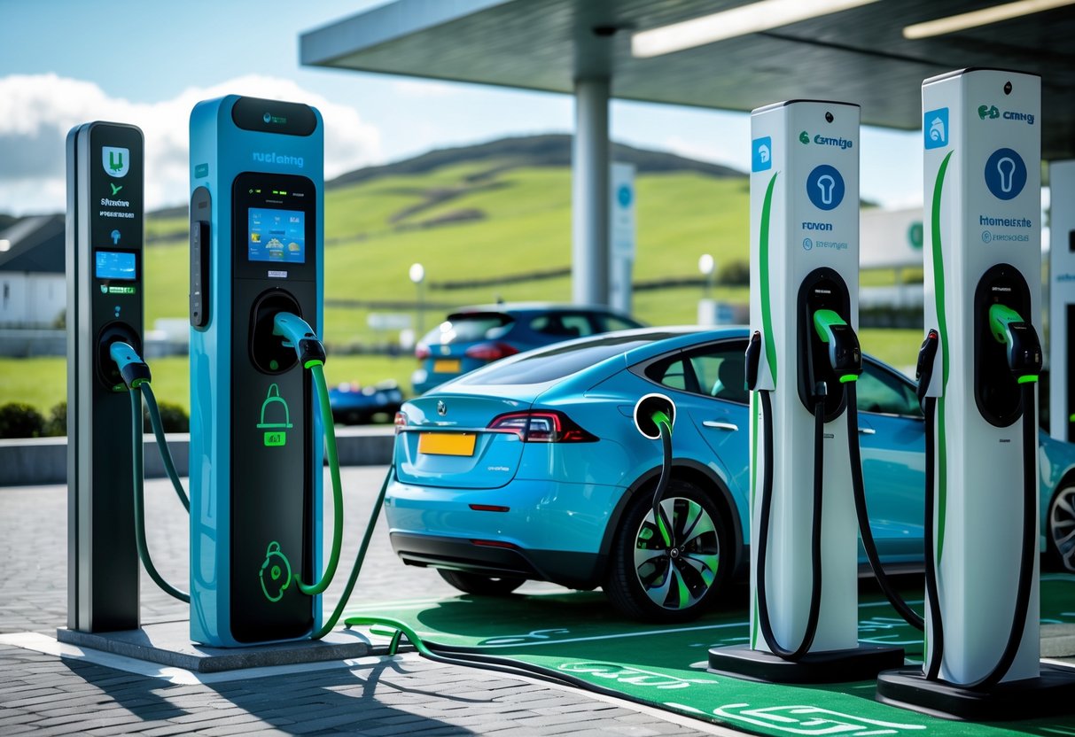 A variety of electric vehicle charging stations with cars plugged in, set in an urban area with Irish landscape in the background.