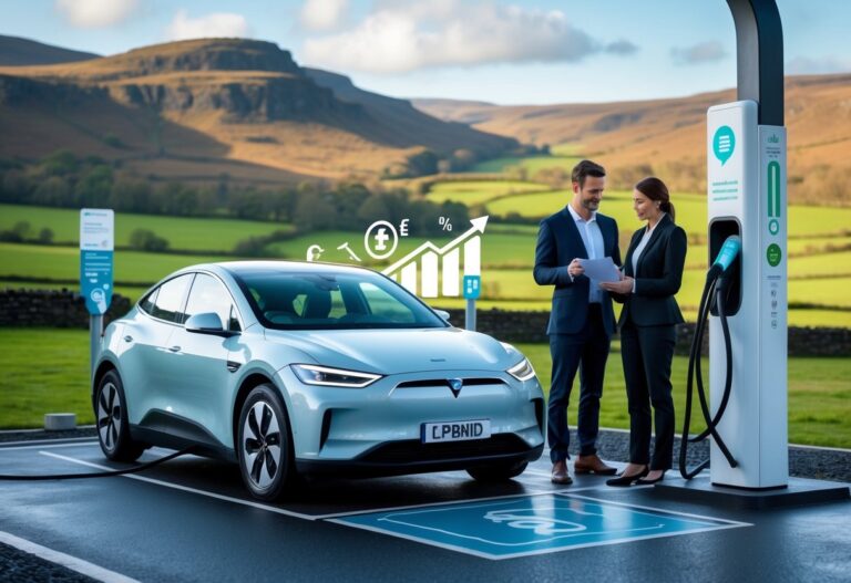 An electric car charging at a station in the Irish countryside with a businessperson talking to the vehicle owner nearby.