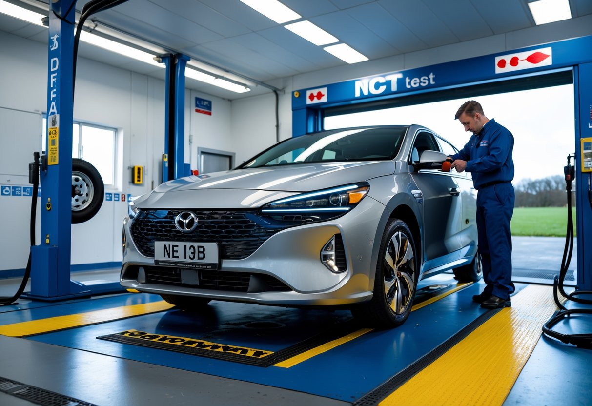 A hybrid car being inspected by a technician on a testing ramp inside an automotive testing centre in Ireland.