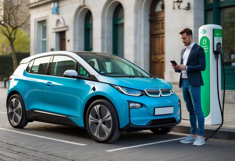 Person using a smartphone next to a charging electric car in an urban area with Irish surroundings.