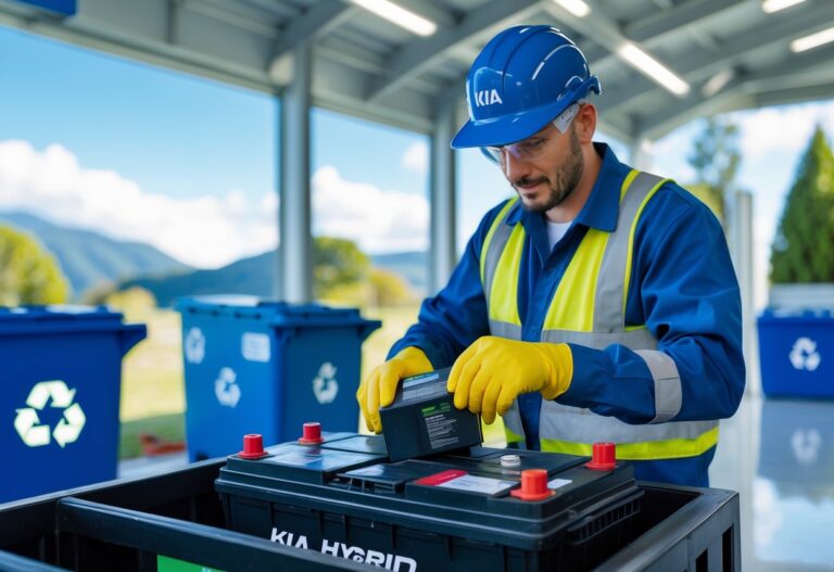 A technician handling a Kia hybrid car battery at a recycling facility surrounded by greenery and recycling bins.