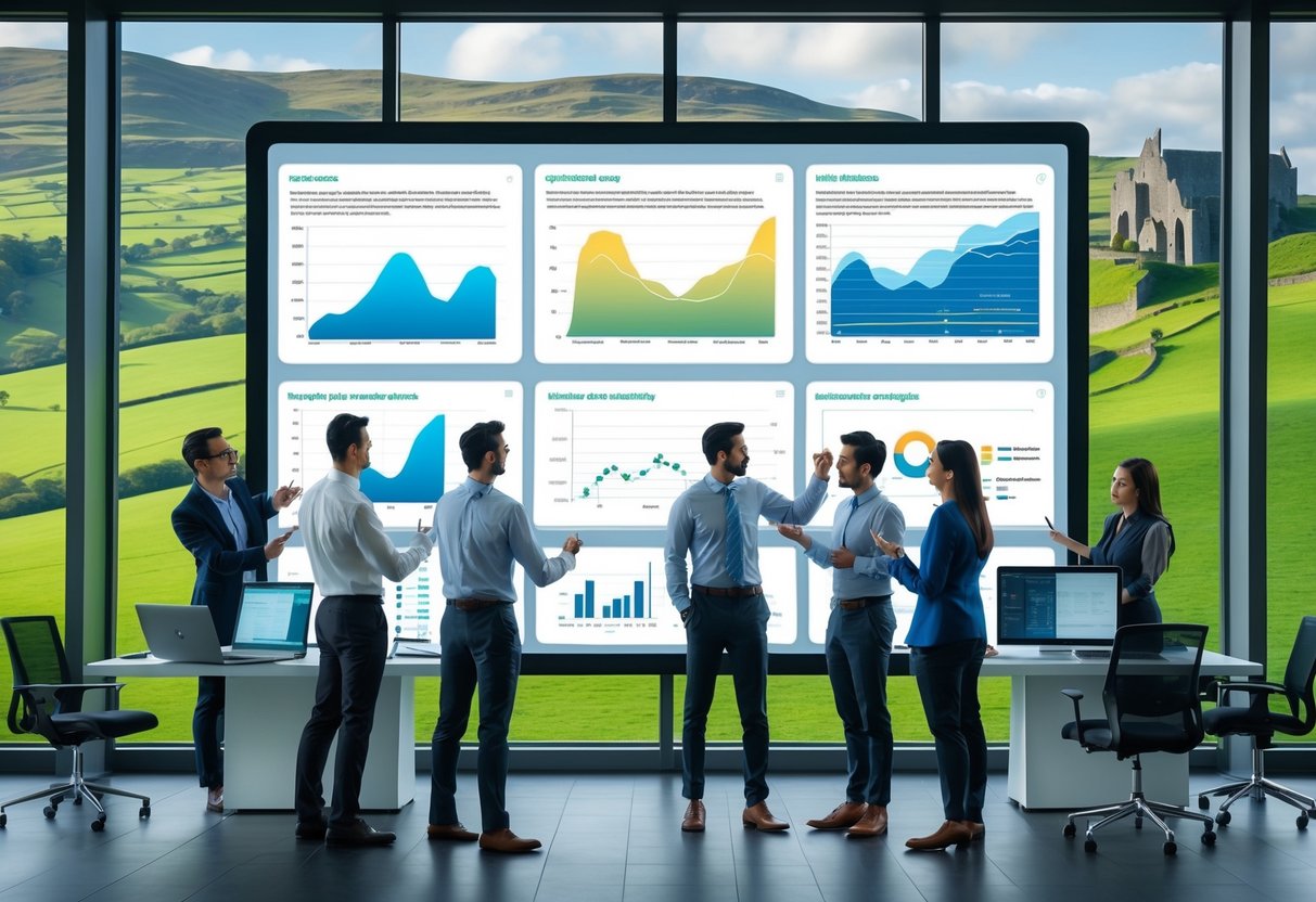 A group of engineers and analysts working together in an office with digital screens showing data, with a view of green hills and Irish buildings outside the window.