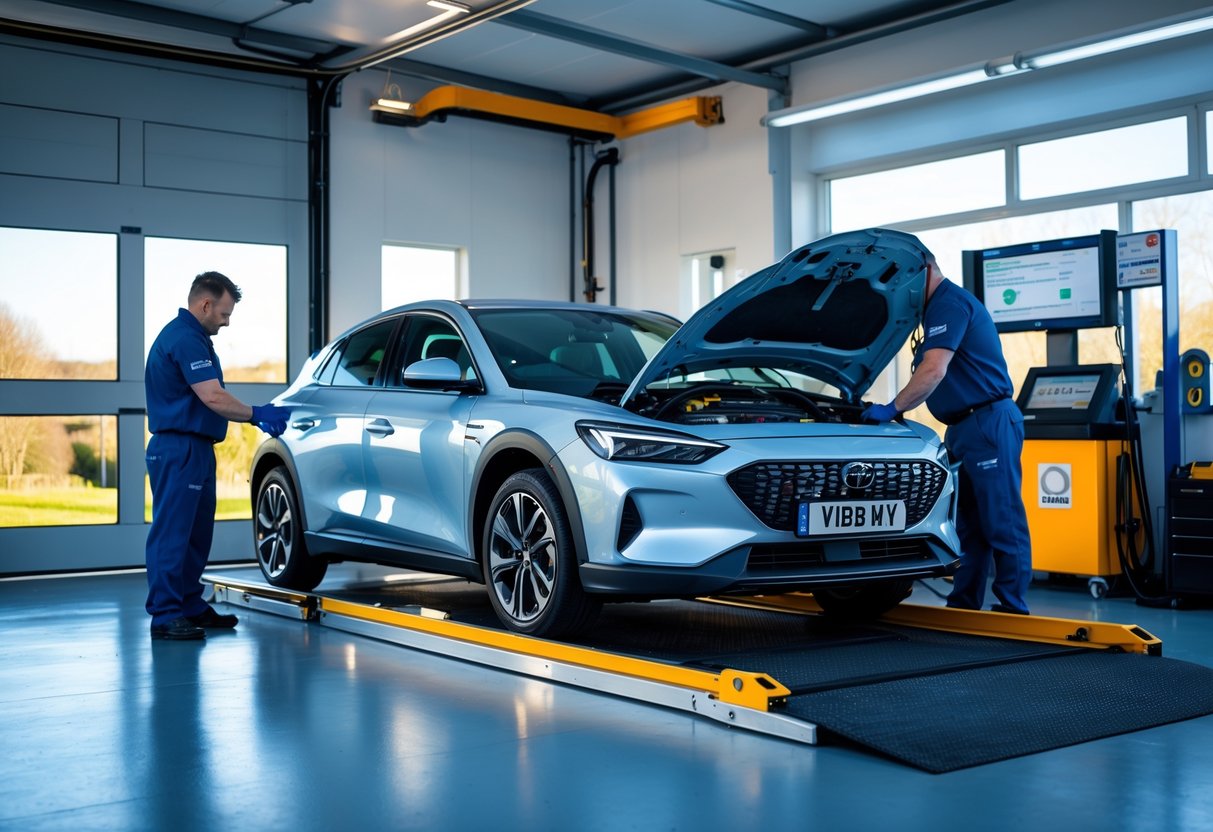 A hybrid car being inspected by mechanics in a bright, modern vehicle service centre.