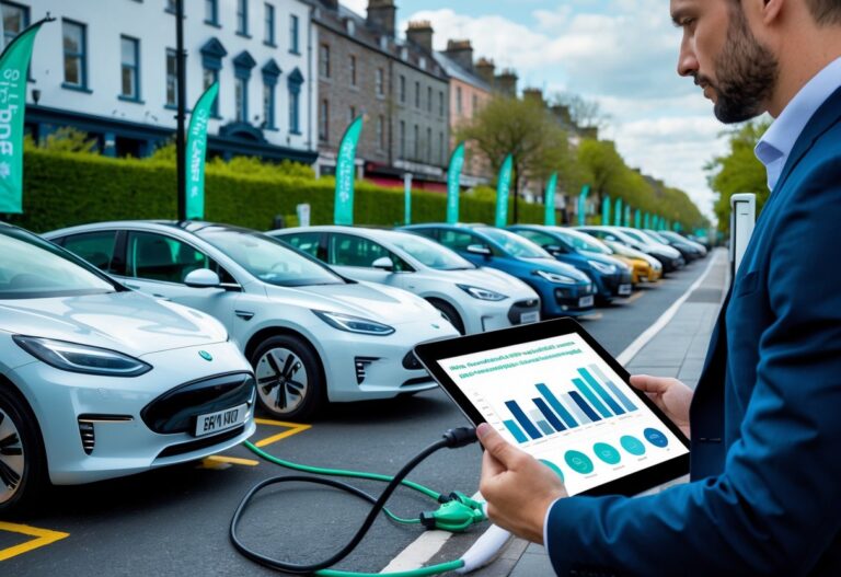 A row of electric cars parked on a street in Ireland with a person looking at a tablet showing car data near an EV charging station.