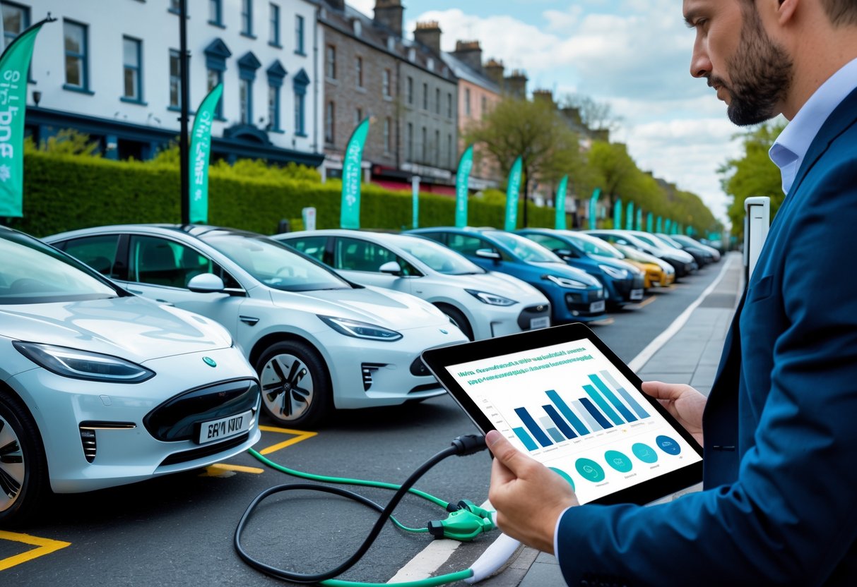 A row of electric cars parked on a street in Ireland with a person looking at a tablet showing car data near an EV charging station.