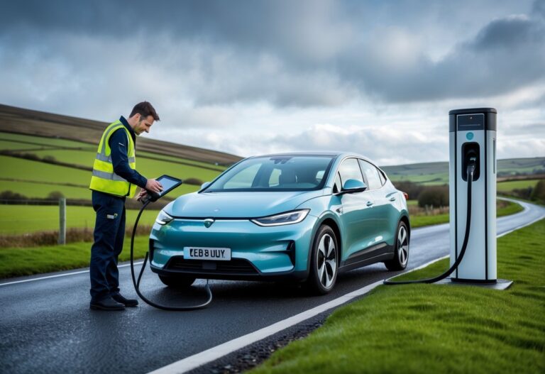 A roadside assistance technician checking an electric car parked on the side of a rural road with green hills in the background.