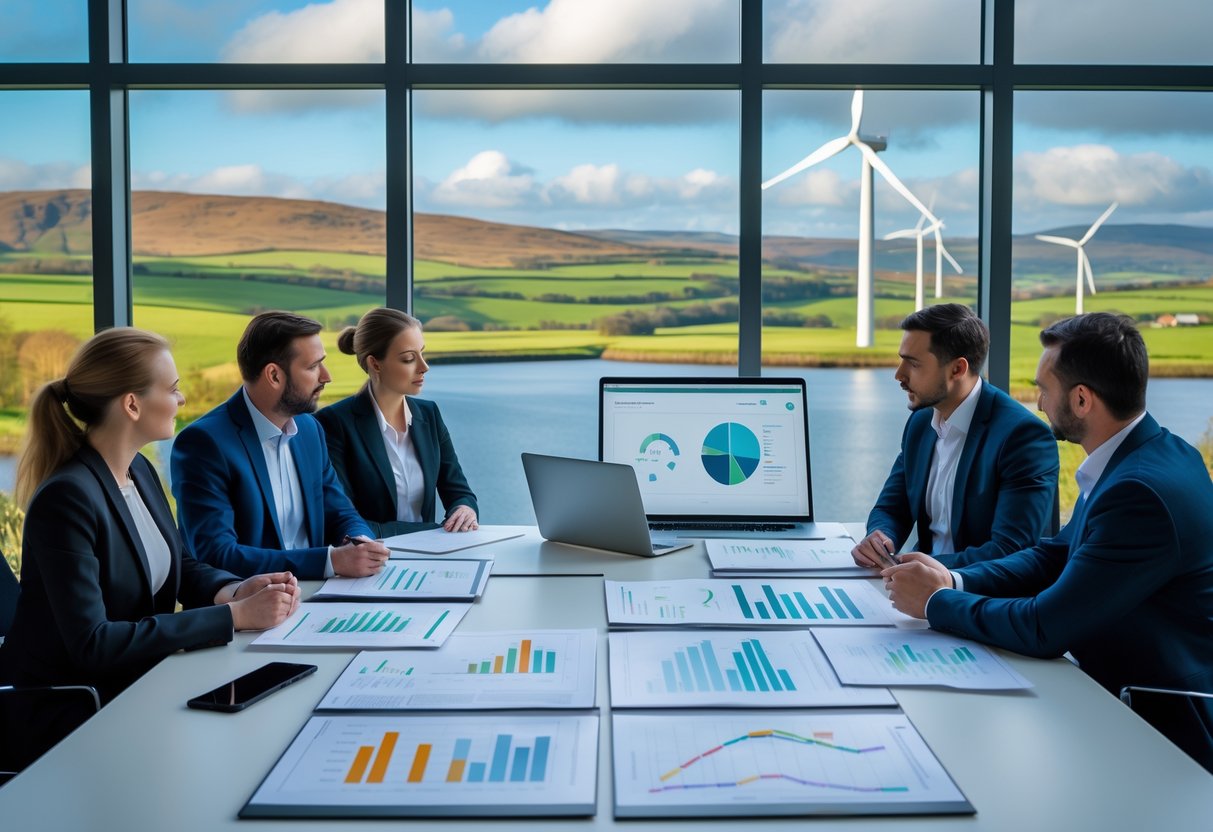 A group of professionals discussing documents and charts in an office with a view of Northern Ireland countryside and wind turbines outside the window.