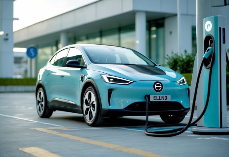 An electric car connected to a charging station in a clean urban setting in Ireland.