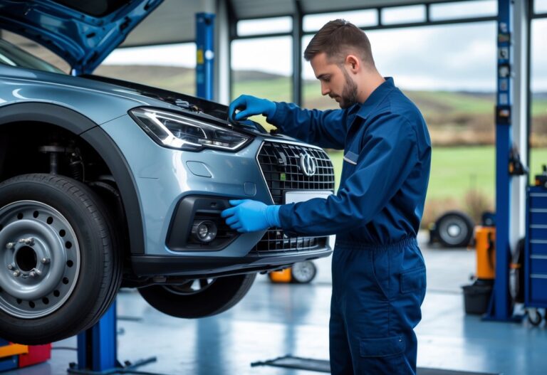 A mechanic replacing brake pads on a car inside a clean and well-lit workshop with tools and car parts in the background.