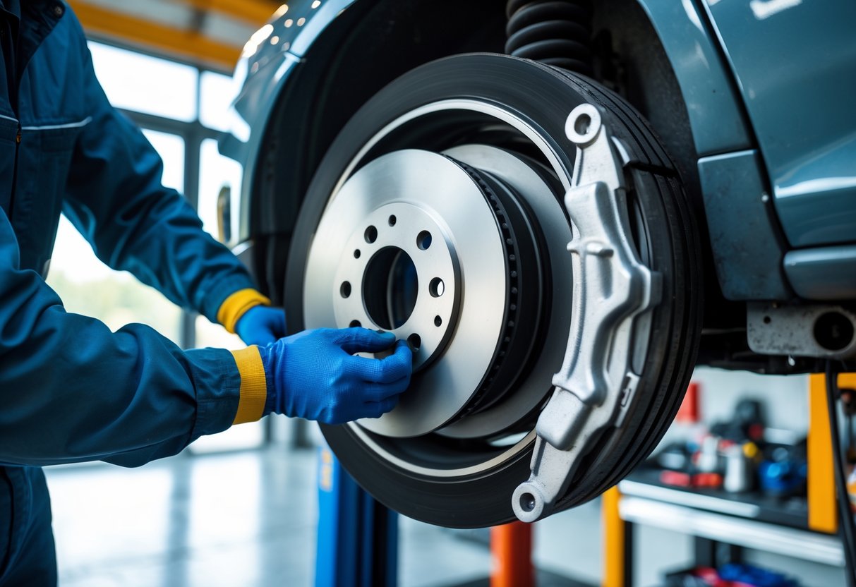 Mechanic replacing a car's brake disc and pads in a well-lit auto repair workshop.