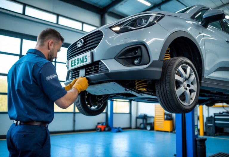 A mechanic repairing a car suspension system in a clean, well-lit automotive workshop in Ireland.