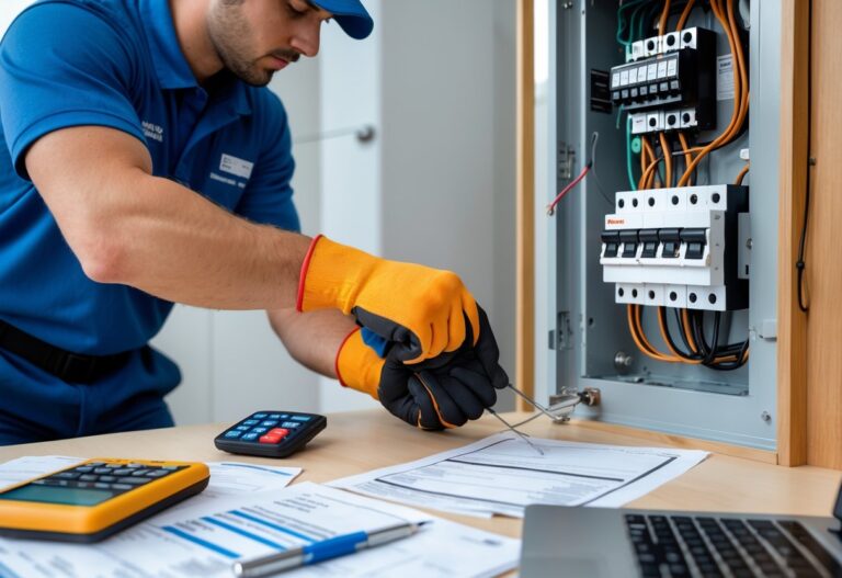 An electrician repairing an electrical panel in a modern home with tools and cost estimation materials on a nearby table.