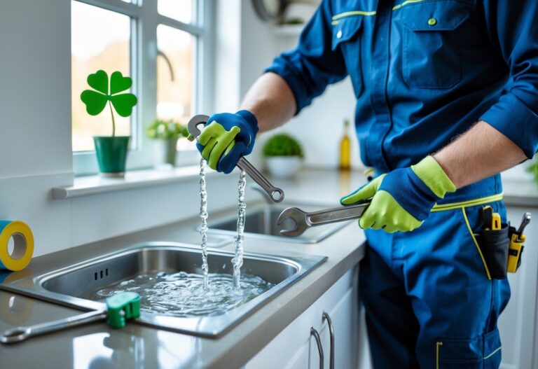 A plumber fixing a leaking pipe under a kitchen sink in a bright home with a small shamrock plant on the windowsill.