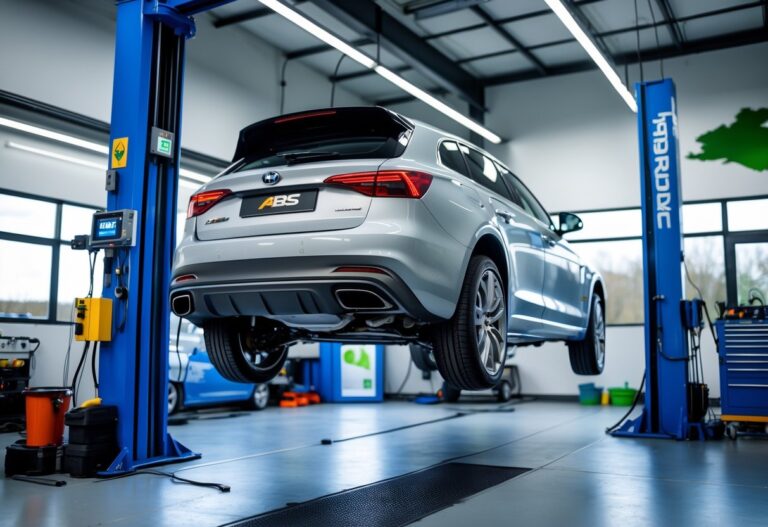 A mechanic inspecting a car lifted in a clean automotive workshop with diagnostic tools visible, with subtle Irish elements in the background.