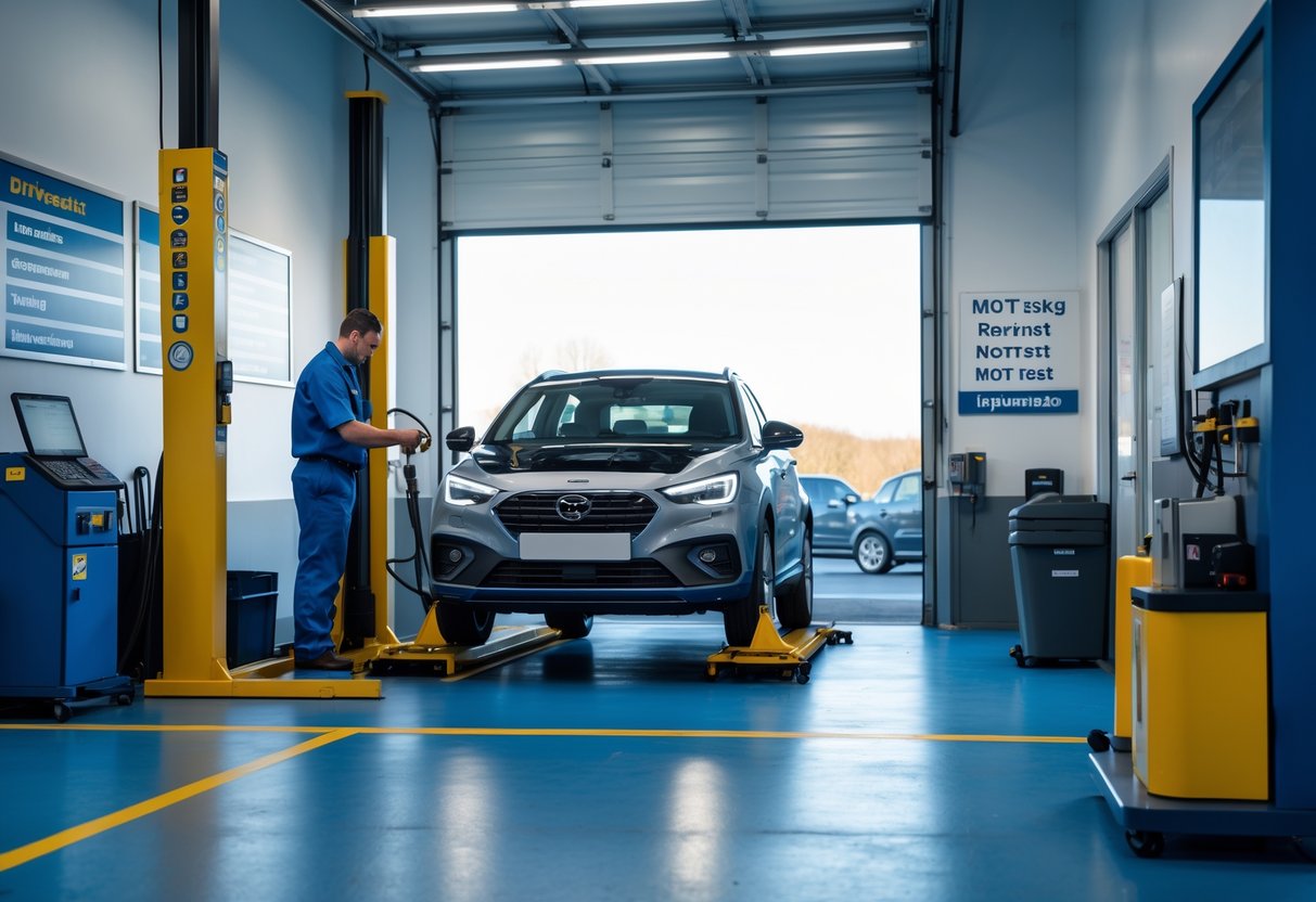 A mechanic inspecting a car on a lift inside a clean vehicle inspection centre.