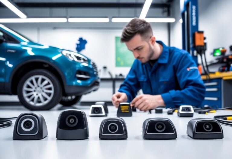 Various types of parking sensors displayed on a workbench with a technician repairing a sensor in an automotive workshop.
