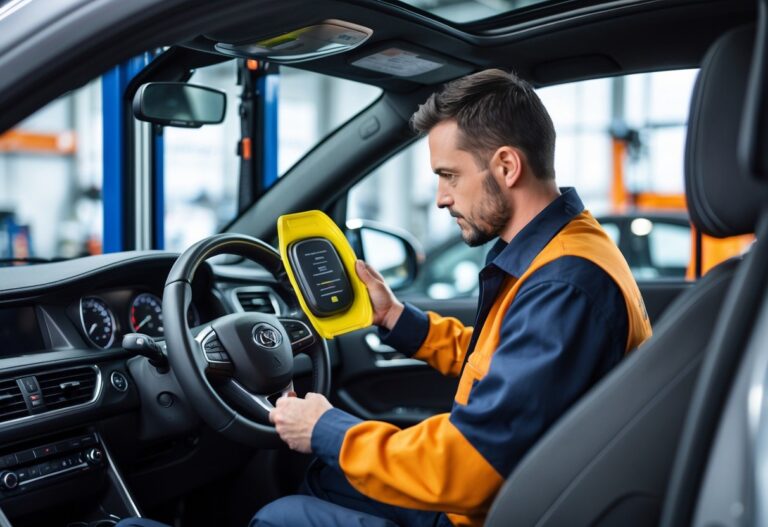 A mechanic in a workshop holding a new airbag module next to a car interior with the steering wheel and dashboard visible.