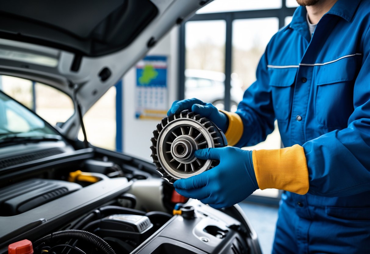 A mechanic in a blue uniform holding a starter motor in a well-lit garage with an open car engine and tools on a workbench.