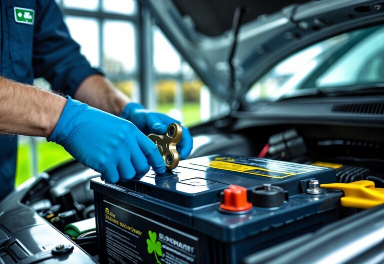 Mechanic replacing a car battery in a garage with tools and an open car hood visible.