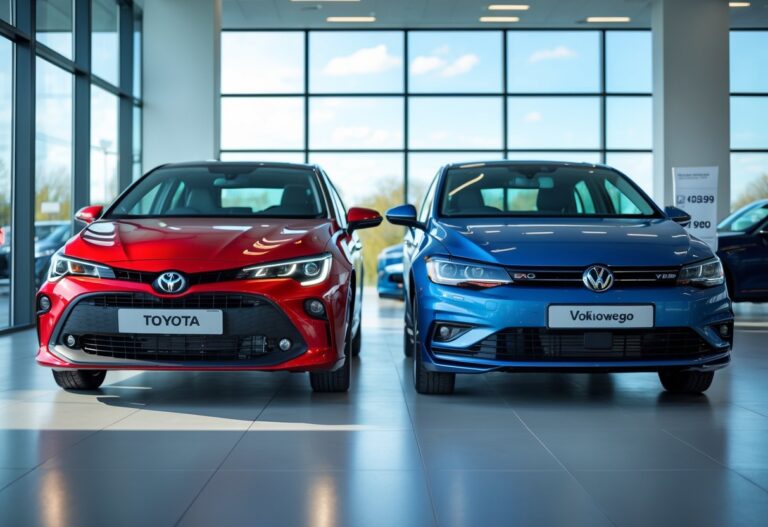 Two brand new cars, a red Toyota and a blue Volkswagen, displayed side by side in a bright car showroom.