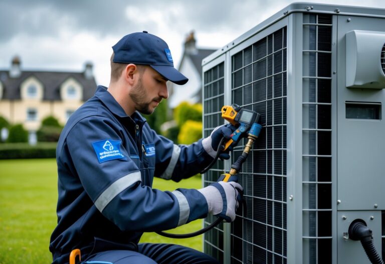 A technician repairing a cooling system unit outside a building in Ireland.