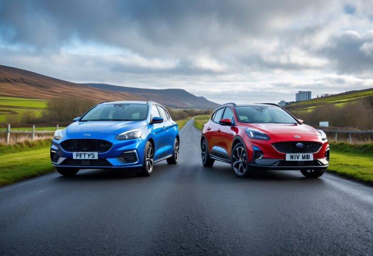 Two modern cars, one blue Ford and one red Vauxhall, parked side by side on a road with green hills and cloudy sky in the background.