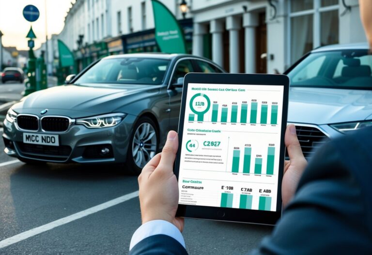 Two cars, a BMW and an Audi, parked side by side on a street in Ireland with a person holding a tablet showing charts nearby.