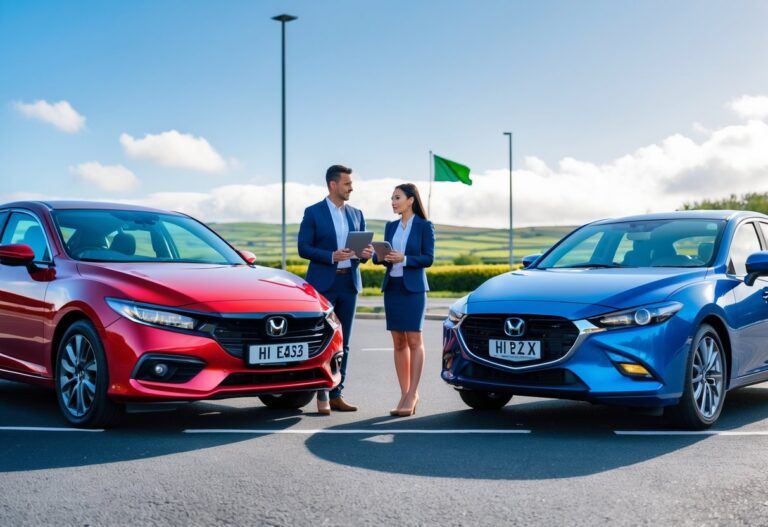 Two modern cars, a red Honda and a blue Mazda, parked side by side on a street in Ireland with two business professionals discussing documents nearby.