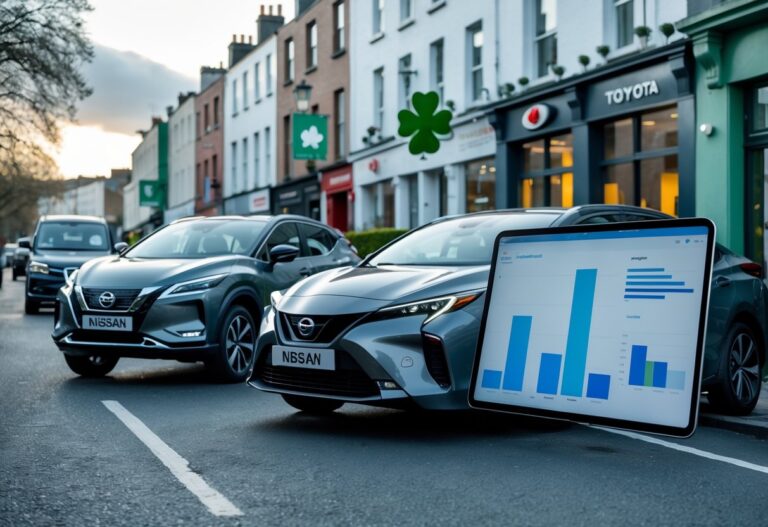 Two modern cars, a Nissan and a Toyota, parked side by side on a street in Ireland with a person looking at a tablet showing charts.