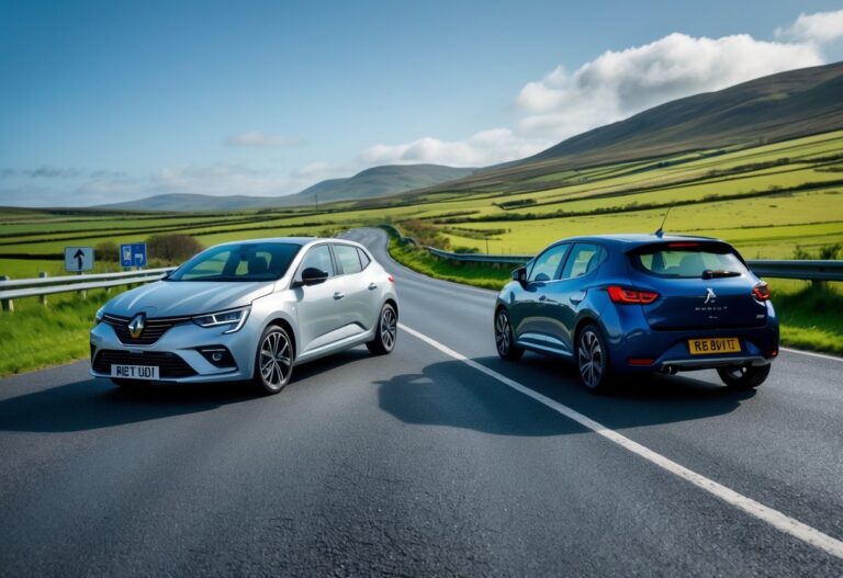 Two modern cars, one silver and one blue, parked facing each other on a road with green hills and countryside in the background.