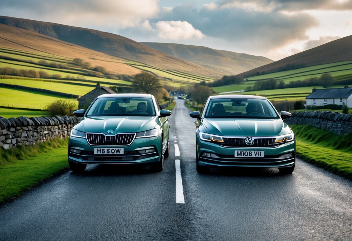 Two modern cars, a Skoda and a Volkswagen, parked side by side on a countryside road with green hills and stone walls in the background.