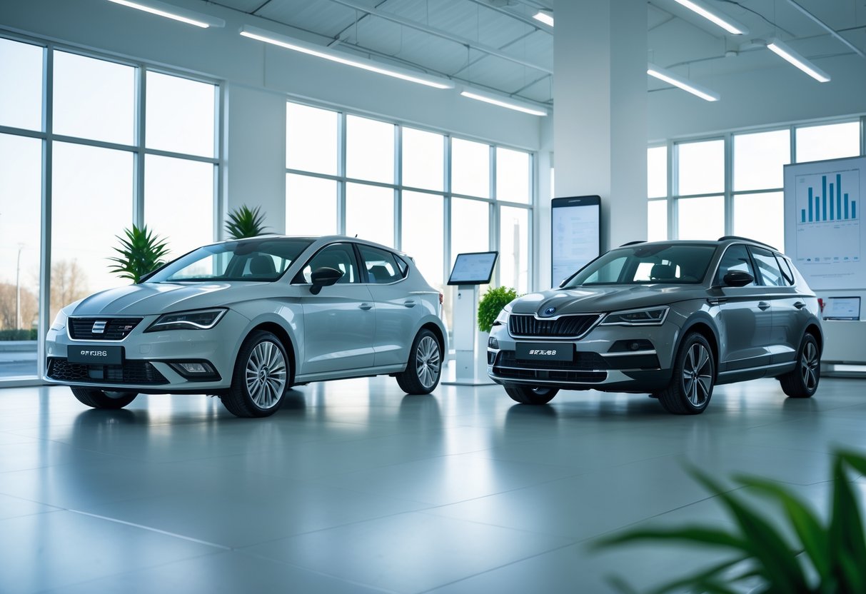 Two cars, a Seat and a Skoda, displayed side by side in a bright car showroom with large windows and a clean, modern interior.