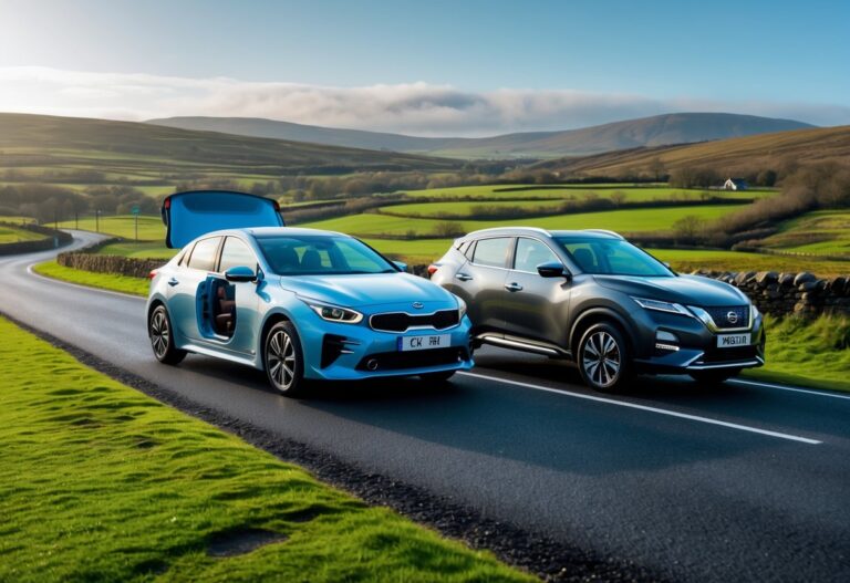 Two cars, a Kia with its hood open and a Nissan driving beside it, on a road with green hills and mountains in the background in Northern Ireland.