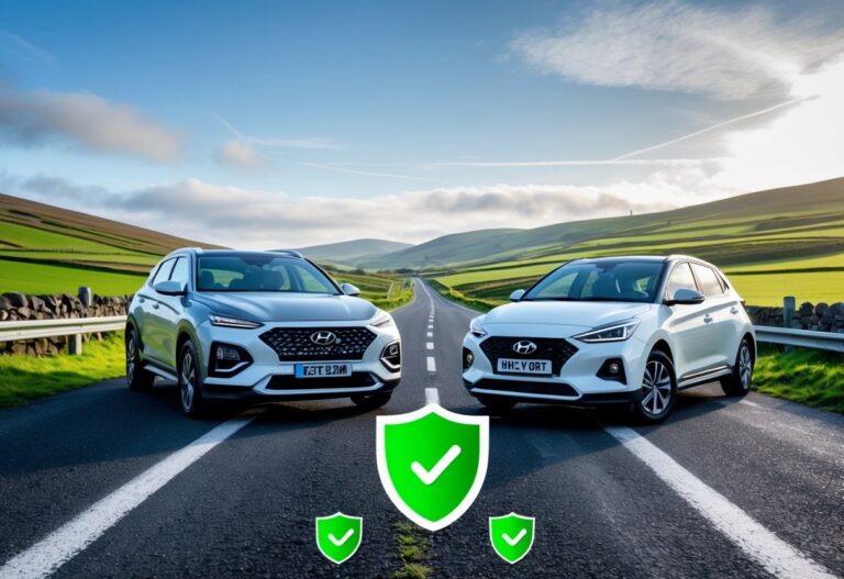 Two modern cars, a Hyundai and a Toyota, parked side by side on a countryside road with green hills in the background under a clear sky.