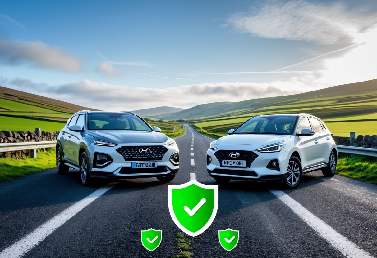 Two modern cars, a Hyundai and a Toyota, parked side by side on a countryside road with green hills in the background under a clear sky.