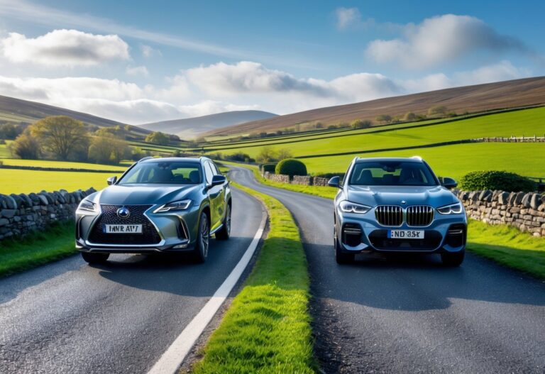 Two SUVs, a Lexus and a BMW, parked side by side on a country road with green fields and hills in the background.