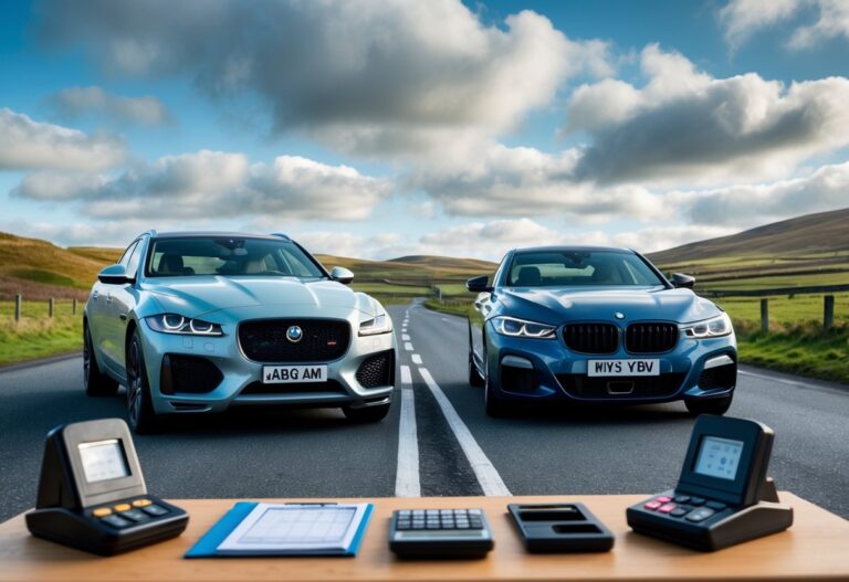A Jaguar and a BMW parked side by side on a road with green hills in the background, alongside fuel pumps and car maintenance tools on a table.