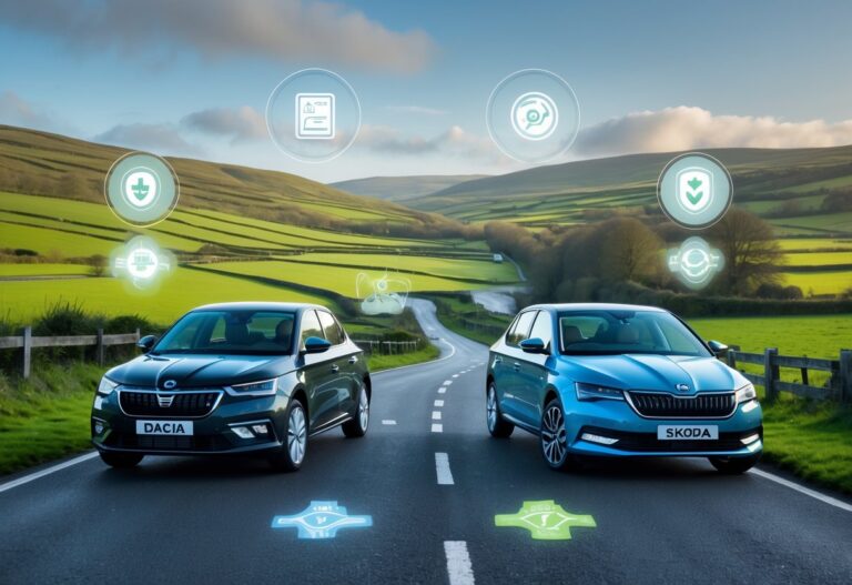 Two cars, a Dacia and a Skoda, parked side by side on a rural Irish road with green hills in the background.