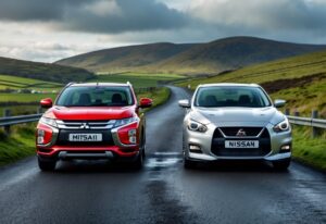 Two modern cars, a red Mitsubishi and a silver Nissan, parked side by side on a country road with green hills in the background.