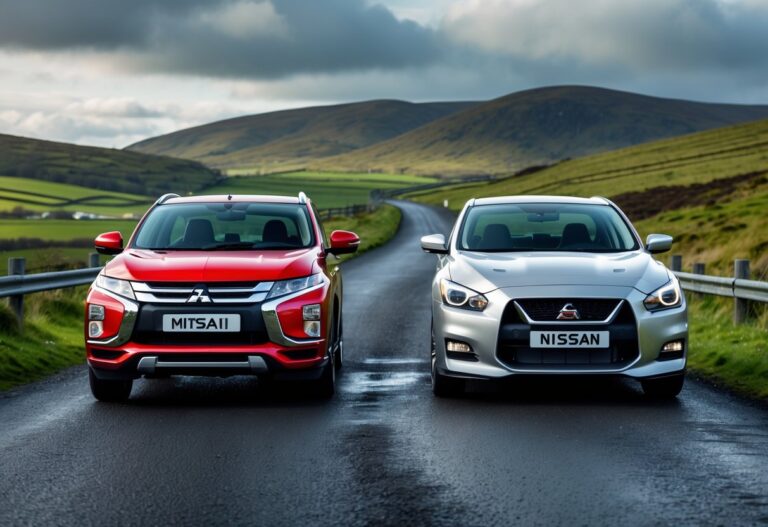 Two modern cars, a red Mitsubishi and a silver Nissan, parked side by side on a country road with green hills in the background.