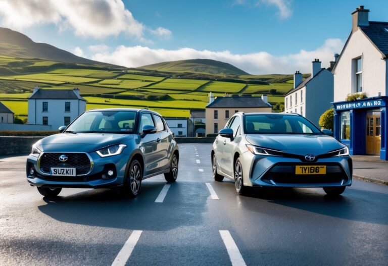 Two modern cars parked side by side outdoors with green hills and traditional Irish buildings in the background.