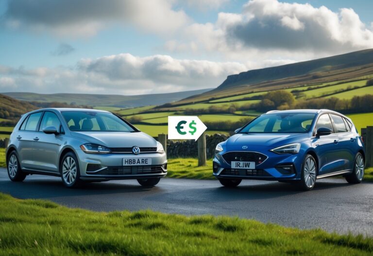 Two cars, a Volkswagen Golf and a Ford Focus, parked side by side on a rural Irish road with green hills in the background.