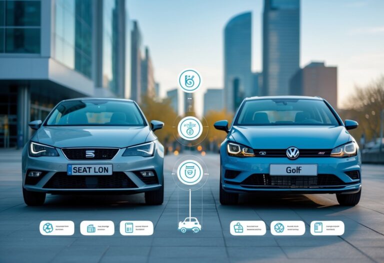 Two cars, a SEAT Leon and a Volkswagen Golf, parked side by side in a city setting with icons showing fuel efficiency and costs between them.