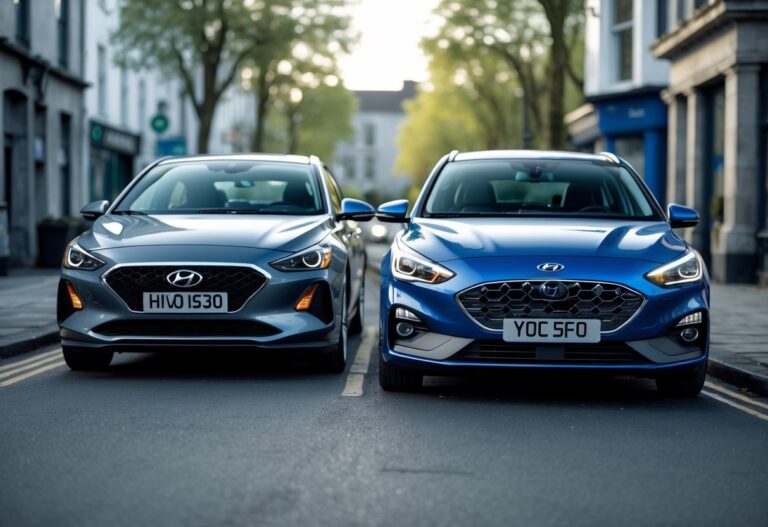Two cars, a Hyundai i30 and a Ford Focus, parked side by side on a city street with Irish buildings and trees in the background.